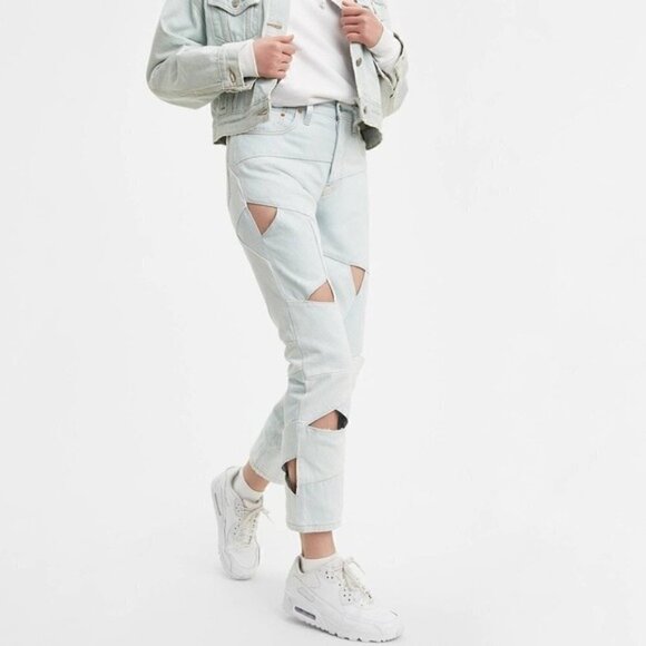 NWT Levis 501 Original Light Blue Wash Cutout Cropped Denim Jeans Size 26 - Picture 2 of 14